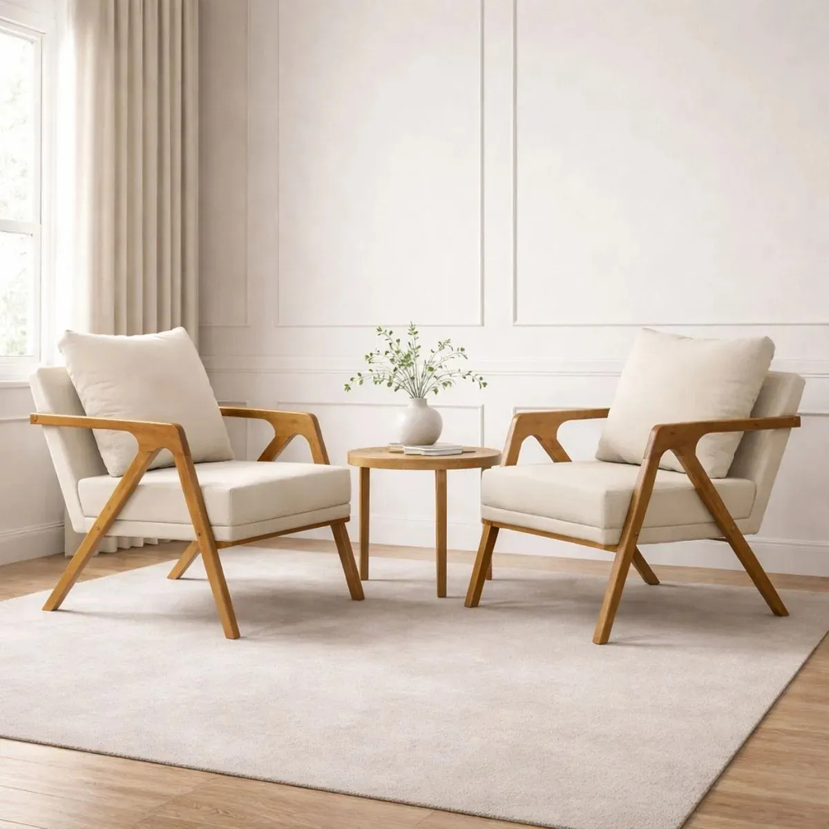 Conjunto 2 Poltronas Decorativa Mona Luxo Para Sala De Estar E Recepção Com Pés Em Madeira Maciça Cor Linho Crú
