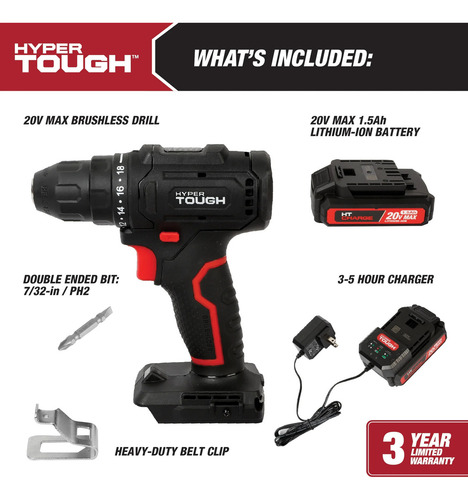 Hyper Tough Taladro Inalámbrico 20-v. Con Pila Y Cargador Co Negro