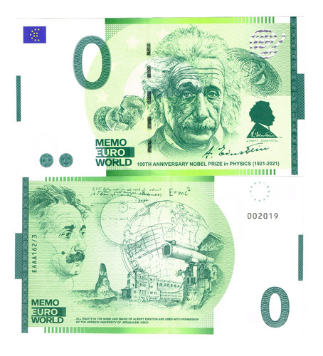 Billete 0 Cero Euro Albert Einstein Premio Nobel Israel 2022
