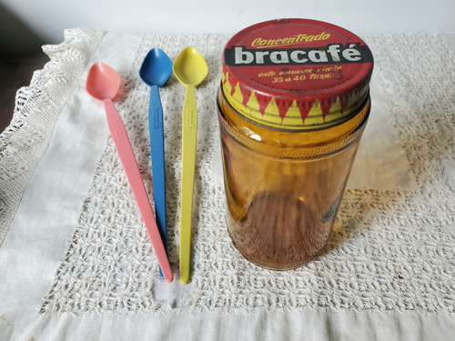 Antiguo Frasquito Bracafé Color Ámbar Y 3 Cucharas Vintage