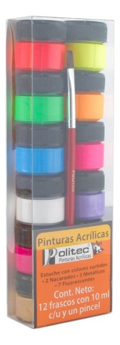 Set Pinturas Acrílicas Politec Fluorescente Y Metálica 12pz