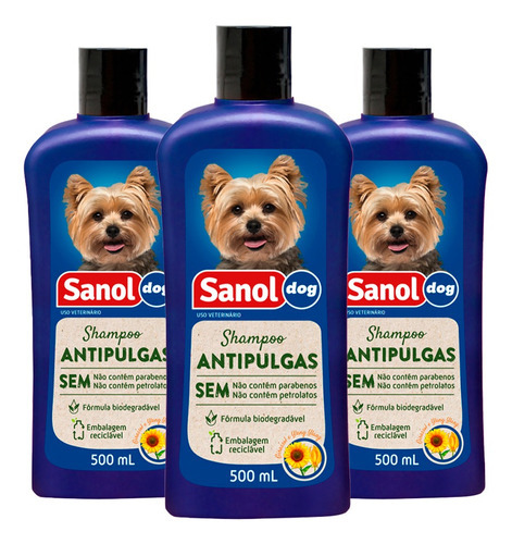 Shampoo Sanol Dog Anti Pulgas Para Cães 500ml (kit Com 3) Fragrância Girassol