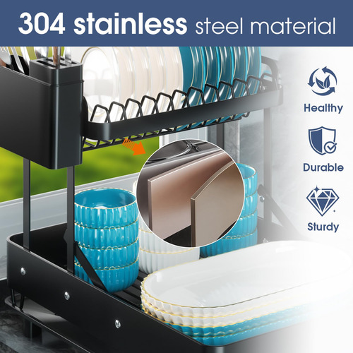 Escurridor De Platos Plegable Acero Inoxidable 304 2 Niveles Estante Para Platos Negro