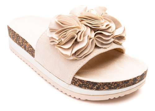Sandalia Mujer Beige Flowers Chancleta
