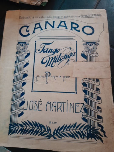 Partitura Piano Canaro Tango Milonga José Martinez (Usado)