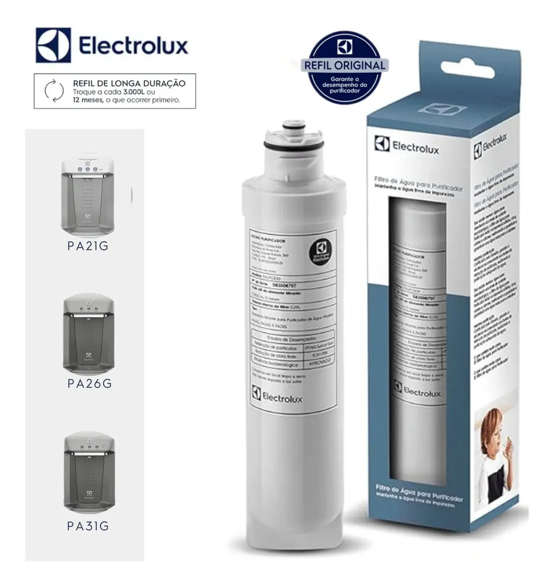 Electrolux Filtro de Água Refil para Purificador Acqua Clean - Modelos PA21G, PA26G, PA31G, Refil Duração 12 Meses ou 3000L