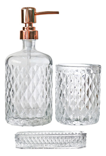 Jogo De Banheiro De Vidro Alto Relêvo 3 Peças 420ml Lavabo Cor Transparente