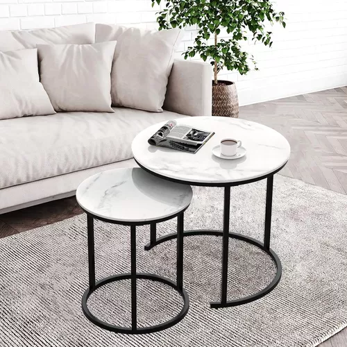 Mesa auxiliar redonda, mesa de centro moderna de pizarra con marco de metal  resistente, mesas de café de mármol para sala de estar, apartamento