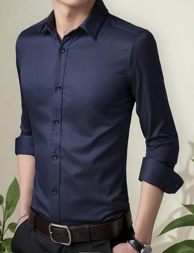 Camisa De Vestir Hombre Moda Slim Color Sólido Manga Larga