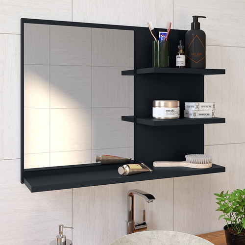 Armário Espelheira Prateleira Kit Banheiro Inox Rápido Móvel Preto