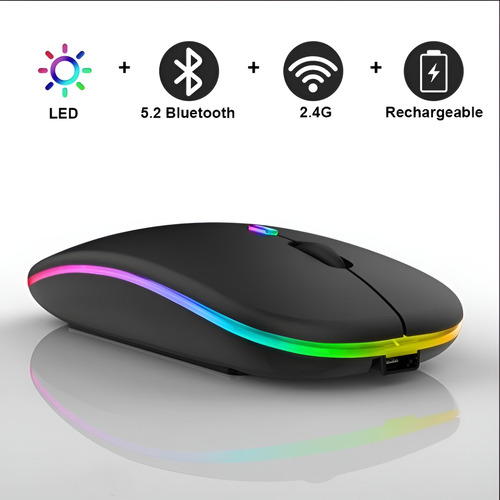 Mouse Recarregável Sem Fio Bluetooth Usb Led Rgb Ergonômico