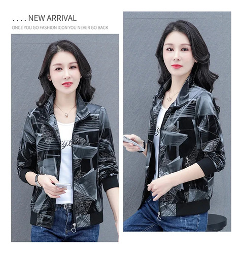Chaqueta Estampada Con Cuello Alto Y Cremallera Para Mujer