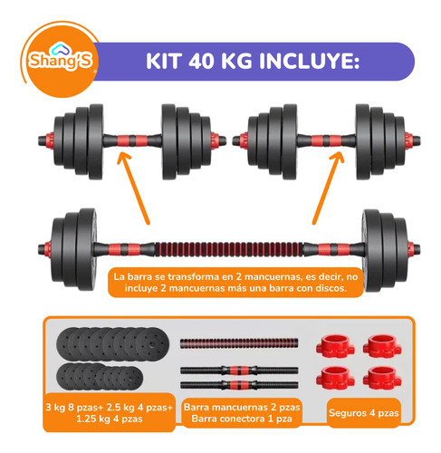 Set Mancuernas Ajustables 40 Kg Barra Y Mancuernas En Uno