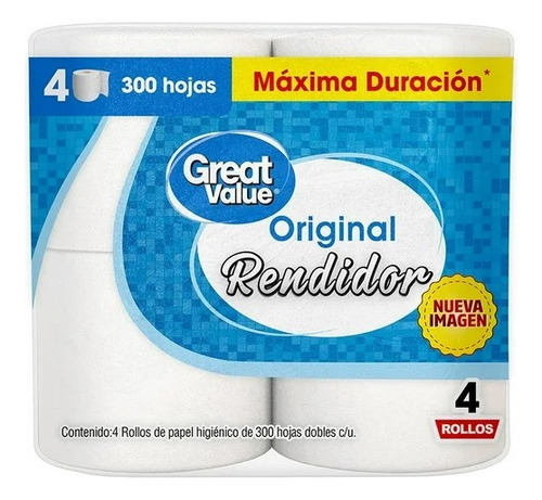 3 Pzas Papel Higiénico Great Value Rendidor 4 Rollos De 300
