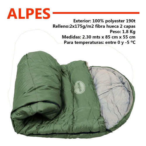 Imagen 2 de 6 de Bolsa De Dormir Bamboo Alpes -5 Grados Camping Carpa 2.30 Mt