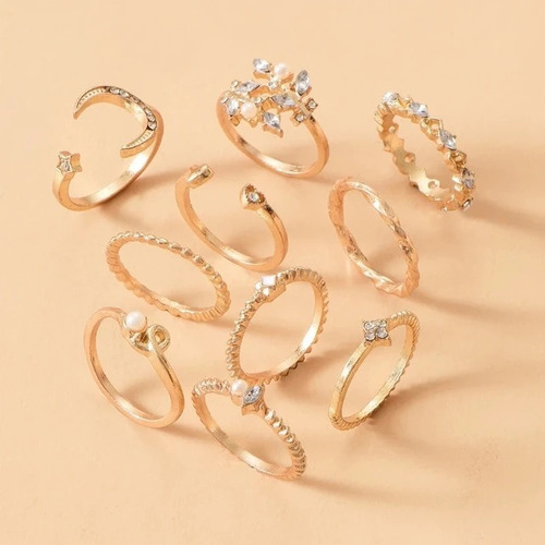 Set Conjunto Anillos Luna Y Perlas Dorado
