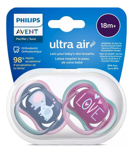 Chupón Philips Avent Ultra Air Elefante Scf349/22 2pzs 18m+ Color Rosa/morado Período De Edad +18 Meses