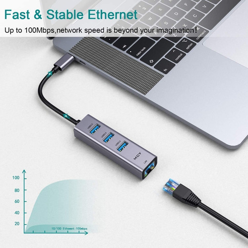 Imagen 3 de 7 de Adaptador Usb-c - Hub 3 Port Usb 3 + Red Fast Ethernet