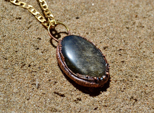 Collar Dije De Obsidiana Dorada, Joyeria De Autor, Cod1