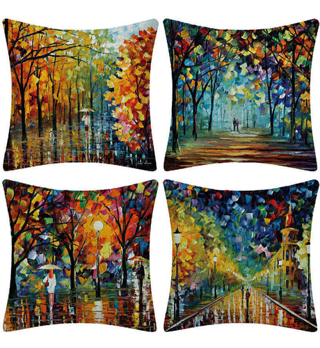 4 Fundas De Cojín, Estampado De Árbol Bajo La Lluvia, 45x45