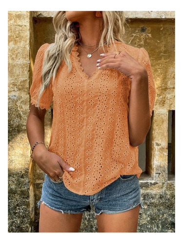 Blusa Elegante Para Mujer Camisa Lisa Con Encaje