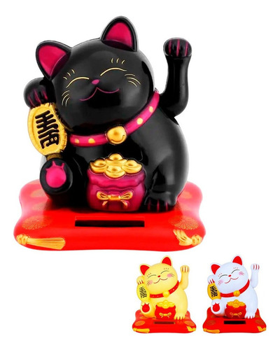 Gato Fortuna Suerte Carga Solar Maneki Neko Negro Blanco 8cm