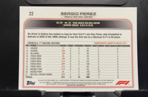 Sergio Checo Perez Tarjeta Topps Chrome Saphire Formula 1