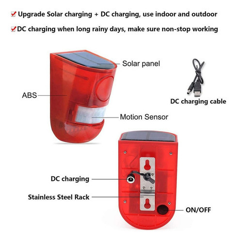 Sensor de movimiento con alarma de sonido/luz solar 110 dB