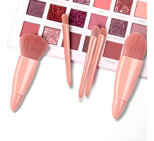 Mini Brush Kit 5 Pinceis com Espelho Portátil Nécessaire Viagem Cor Rosa