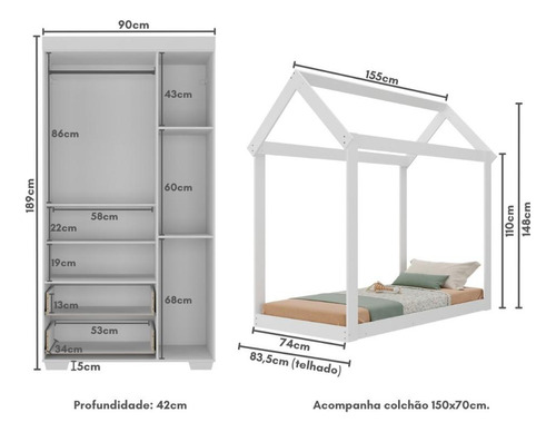 Quarto Infantil com Cama Montessoriana/Colchão/Guarda-Roupas Algodão Doce Multimóveis MX4276 Branco