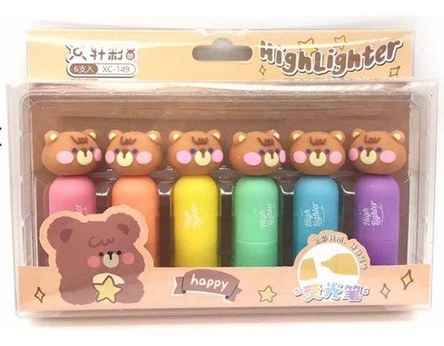 6 Mini Marcadores Resaltadores Con Tapa Ositos Bear Kawaii