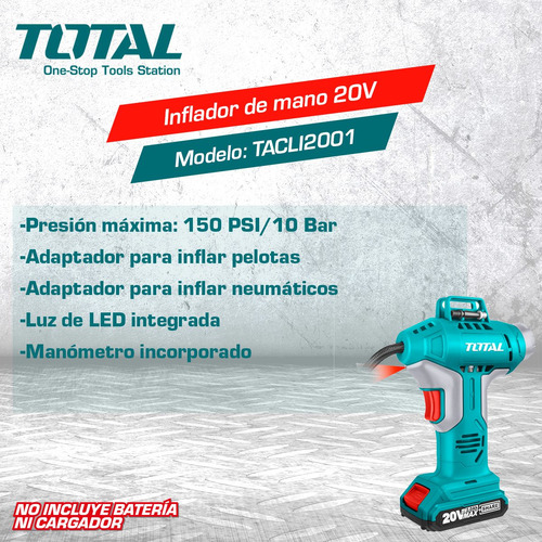 Imagen 3 de 10 de Inflador Inalámbrico De Mano 20v Total 150psi