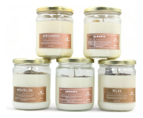 Kit De 5 Velas Aromáticas De Soya Con Cuarzo. 290 G C/u. 