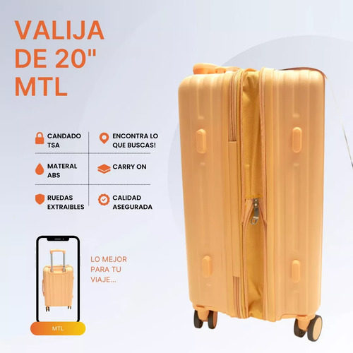 Valija Carry On 20 Pulgadas Mtl Abs Rígida Color Oro Ruedas Dobles 360° Liviana Resistente Equipaje De Mano Diseño Moderno Candado Tsa Organización Eficiente Ideal Viajes Negocios Placer Reforzada