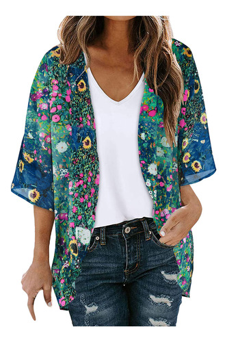 Cárdigan Tipo Kimono I Con Estampado Floral Y Manga Abullona