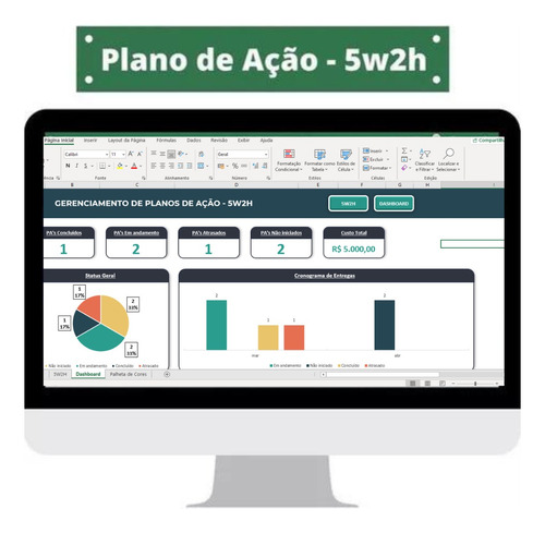 Planilha Excel - Plano De Ação 5w2h - C/ Dashboard Editável