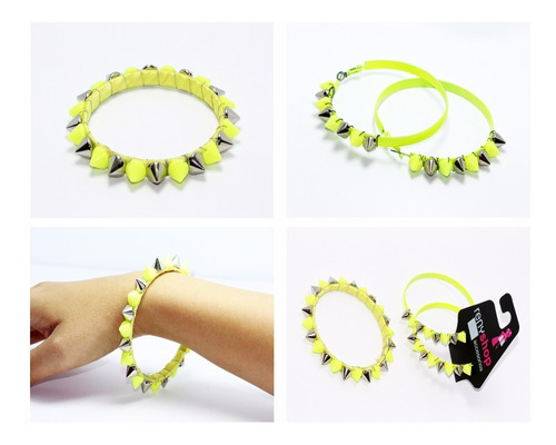 Pulsera Casual Dama Colmillos Amarillo Plateada Aretes Pc215