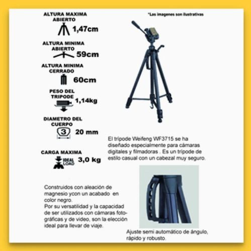 Tripode Weifeng Wt-3715 1,47m 3kg Microcentro - Garantia