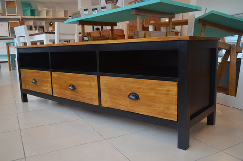 Mesa Rack De Tv Madera Pintada Con Cajones Y Estantes Negro