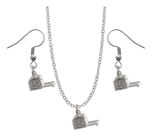 Kit Collar Y Aretes Herramientas Regalo Dije Cadena Acero Plateado Cinta Métrica 25m