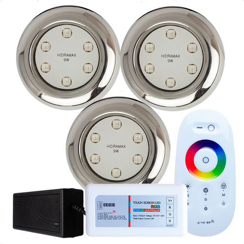 Kit Iluminação Piscina 3 Led 9w Inox Rgb Com Comando