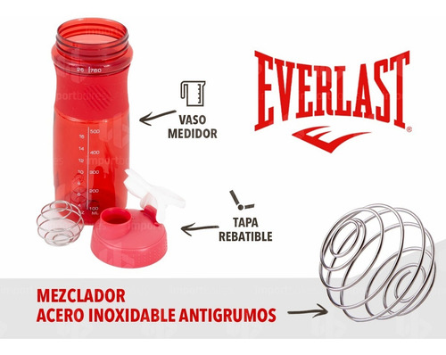 Botella Batidor Everlast Gimnasio Deporte Vaso Suplemento Color Rojo
