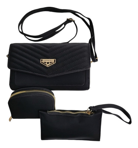 3 Piezas Cartera Crossbody Tarjetero Monedero Negro Dama