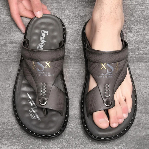 Sandalias De Playa De Cuero Gris Para Hombre, Estilo Casual,