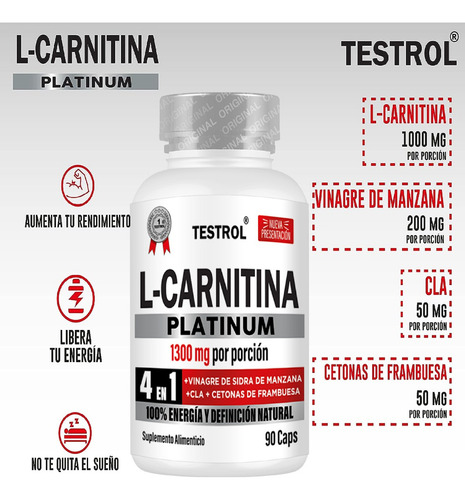 L-carnitina Platinum 1000mg | 4 En 1 | Testrol 90 Cap Sabor Sin sabor