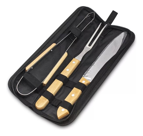 Set De Parrilla 3 Piezas Acero Inox Asado Estuche Lona 35cm