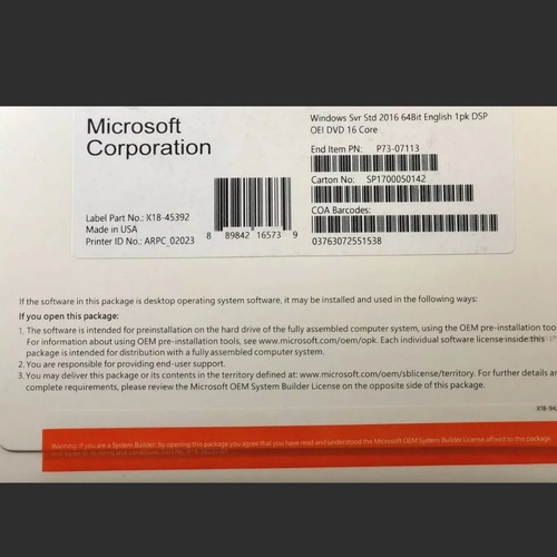 Licencia Windows Server 2016 Standard Oem Coa 16 Core 2vm
