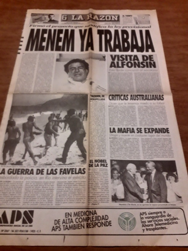 Tapa Diario La Razón 15 10 1993 Internacion De Menem 