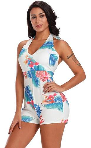Sexy Romper Blanco Halter Estampado Vegetación Antro 64434