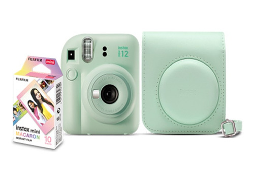 Kit Câmera Instax Mini 12 + 10 Fotos Macaron + Bolsa Verde